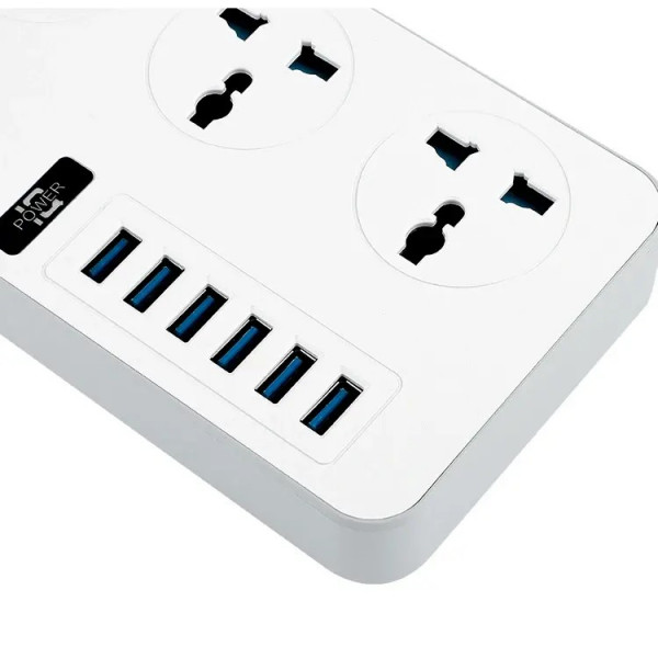 Мережевий фільтр ТВ-Т09, 3 розетки + 6 USB, 2 м, перетин 3х0,75мм, 3000W, White-grey, Box