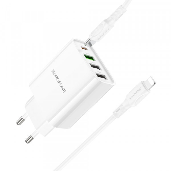 Мережевий зарядний пристрій Borofone BA79A, Cable Type C to Lightning, PD 20W, QC 3.0, Біле
