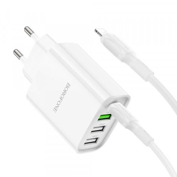 Мережевий зарядний пристрій Borofone BA79A, Cable Type C to Lightning, PD 20W, QC 3.0, Біле