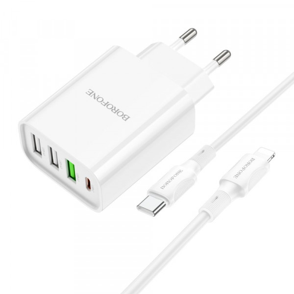 Мережевий зарядний пристрій Borofone BA79A, Cable Type C to Lightning, PD 20W, QC 3.0, Біле