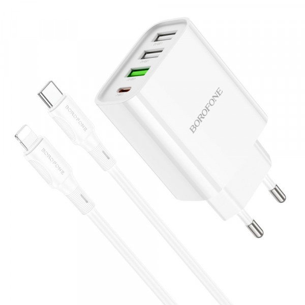 Мережевий зарядний пристрій Borofone BA79A, Cable Type C to Lightning, PD 20W, QC 3.0, Біле