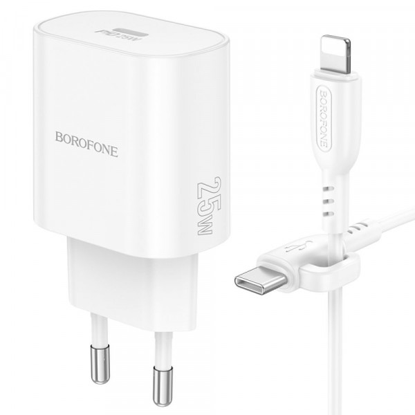Мережевий зарядний пристрій Borofone BA82A, Cable Type-C to Lightning, PD 25W, QC 3.0, White