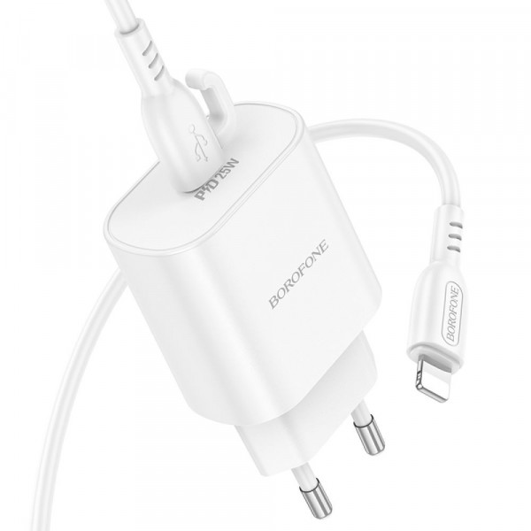 Мережевий зарядний пристрій Borofone BA82A, Cable Type-C to Lightning, PD 25W, QC 3.0, White