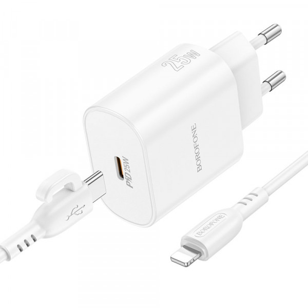 Мережевий зарядний пристрій Borofone BA82A, Cable Type-C to Lightning, PD 25W, QC 3.0, White