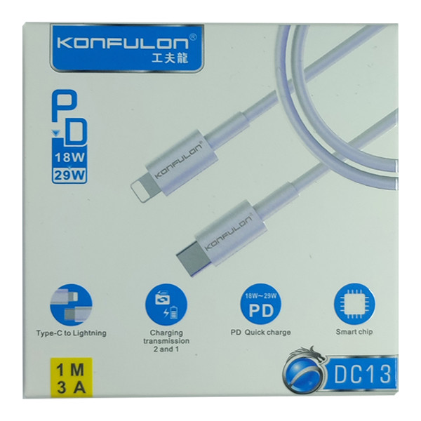 Кабель Konfulon DC13, Type-C to Lightning, 1m, 3A, Біле