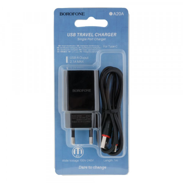 Мережевий зарядний пристрій Borofone BA20A, Cable Type-C, 2.1A, Black