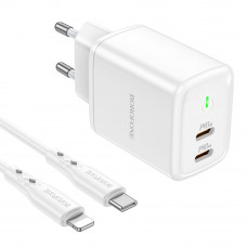 Мережевий зарядний пристрій Borofone BN9, Cable Type-C to Lightning, PD 35W, QC 3.0, Біле