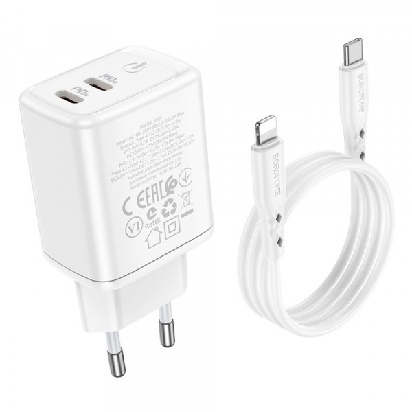 Мережевий зарядний пристрій Borofone BN9, Cable Type-C to Lightning, PD 35W, QC 3.0, Біле
