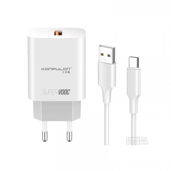 Мережевий зарядний пристрій Konfulon C87Q, Cable Type-C, Super VOOC, QC 3.0 25W, Біле