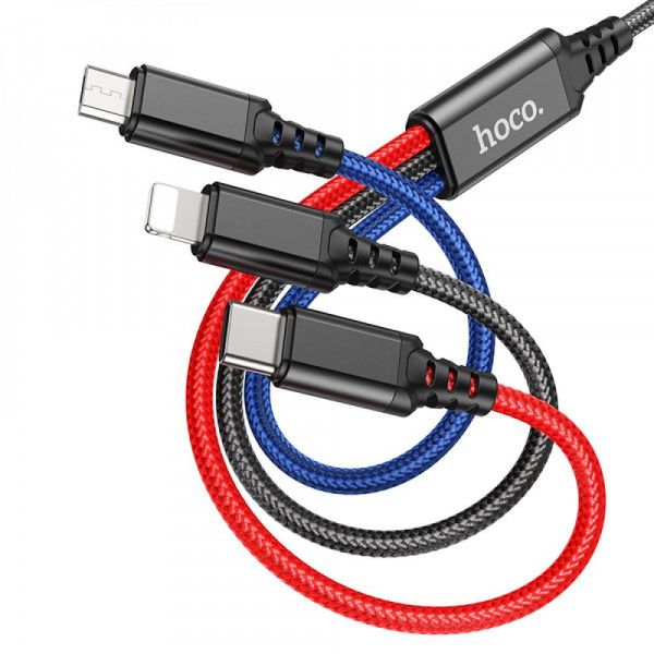 Кабель Hoco X76, 3-in-1 Lightning/Type-C/Micro, 1m, 2A, Black/Red/Blue