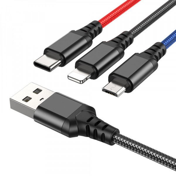 Кабель Hoco X76, 3-in-1 Lightning/Type-C/Micro, 1m, 2A, Black/Red/Blue