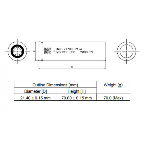 Акумулятор високострумовий Molicel INR-21700-P42A, 21700, 4200 mAh, струм розряду - 45A