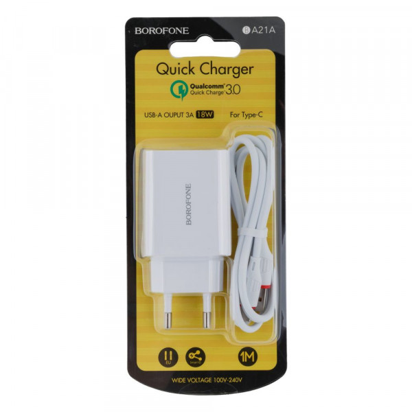 Мережевий зарядний пристрій Borofone BA21A, Cable Type-C, QC 3.0, PD 18W, White