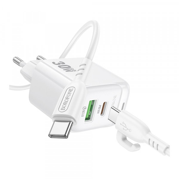 Мережевий зарядний пристрій Borofone BAS45A, Cable Type-C to Lightning, PD 30W, QC 3.0, White