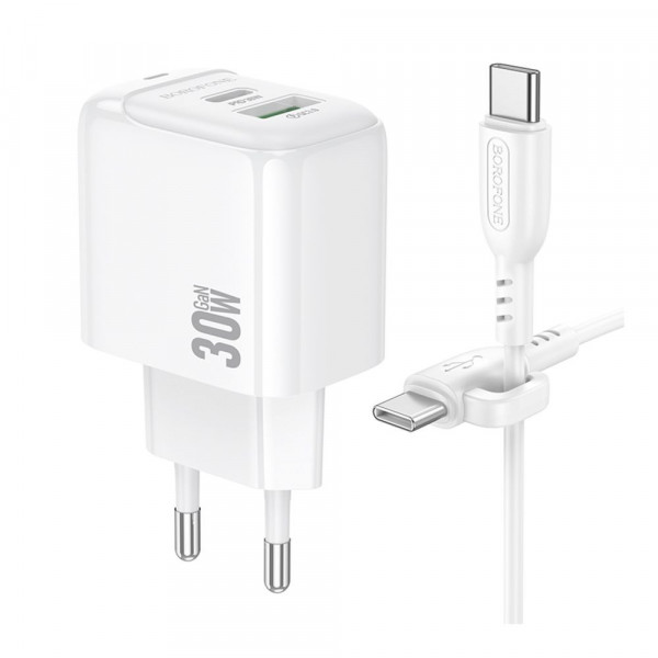 Мережевий зарядний пристрій Borofone BAS45A, Cable Type-C to Lightning, PD 30W, QC 3.0, White