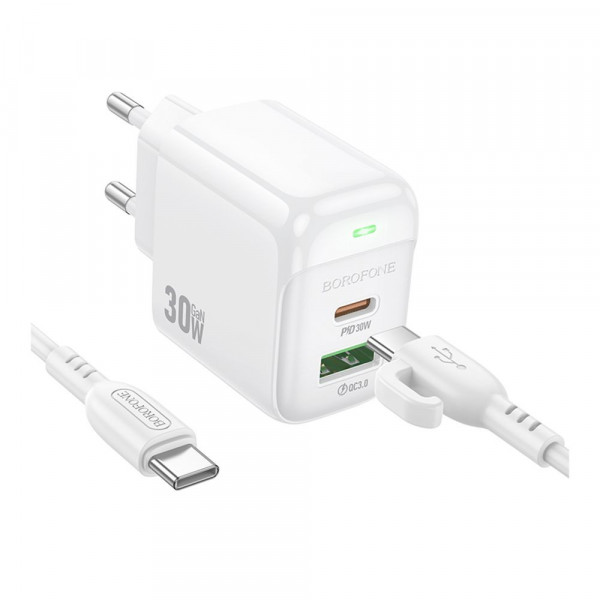 Мережевий зарядний пристрій Borofone BAS45A, Cable Type-C to Lightning, PD 30W, QC 3.0, White
