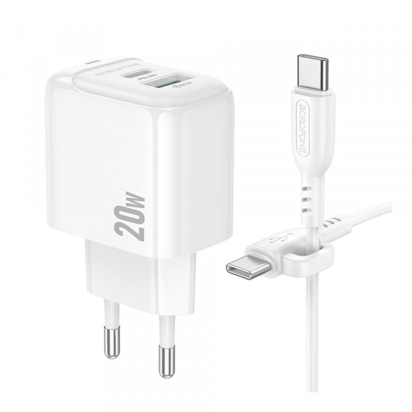 Мережевий зарядний пристрій Borofone BAS44A, Cable Type-C to Type-C, PD 20W, QC 3.0, White