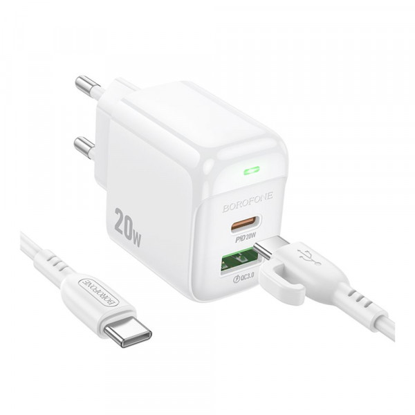 Мережевий зарядний пристрій Borofone BAS44A, Cable Type-C to Type-C, PD 20W, QC 3.0, White