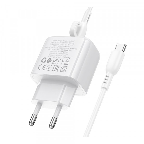 Мережевий зарядний пристрій Borofone BAS44A, Cable Type-C to Type-C, PD 20W, QC 3.0, White