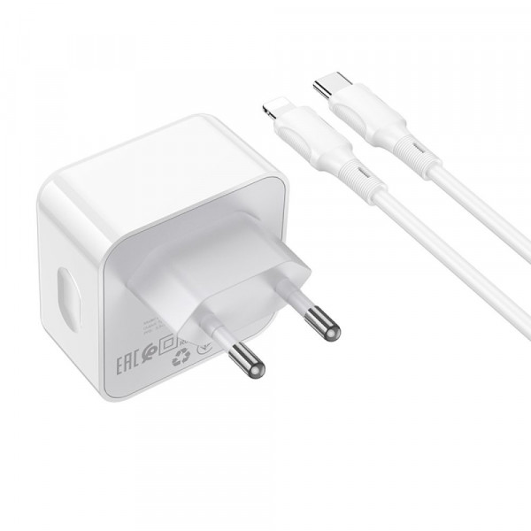 Мережевий зарядний пристрій Borofone BA76A, Cable Type-C to Lightning, PD 35W, QC 3.0, Біле