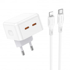Мережевий зарядний пристрій Borofone BA76A, Cable Type-C to Lightning, PD 35W, QC 3.0, Біле