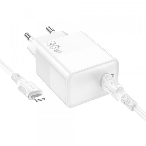 Мережевий зарядний пристрій Borofone BA77A, Cable Type-C to Lightning, PD 30W, QC 3.0, Біле