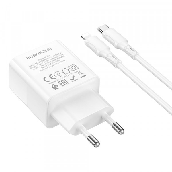 Мережевий зарядний пристрій Borofone BA77A, Cable Type-C to Lightning, PD 30W, QC 3.0, Біле