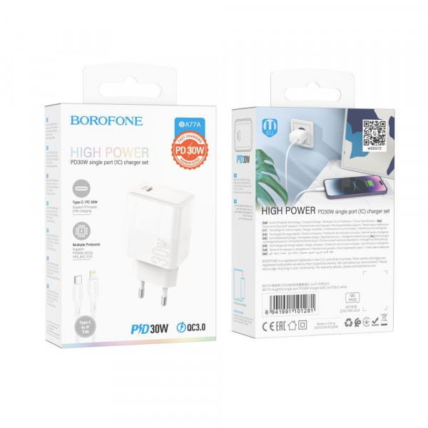 Мережевий зарядний пристрій Borofone BA77A, Cable Type-C to Lightning, PD 30W, QC 3.0, Біле