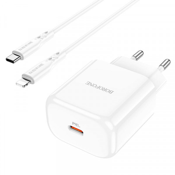 Мережевий зарядний пристрій Borofone BN3, Cable Type-C to Lightning, PD 20W, QC 3.0, Біле