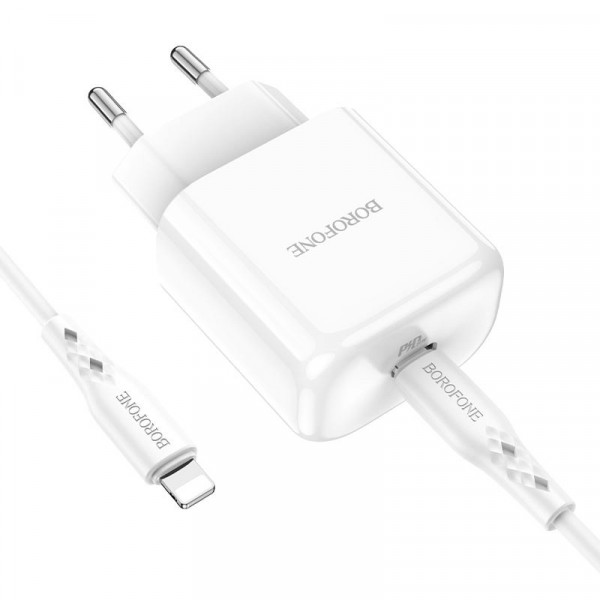 Мережевий зарядний пристрій Borofone BN3, Cable Type-C to Lightning, PD 20W, QC 3.0, Біле
