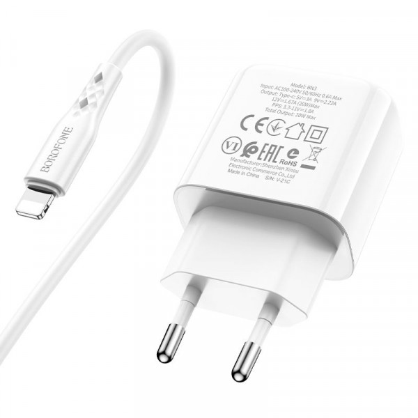 Мережевий зарядний пристрій Borofone BN3, Cable Type-C to Lightning, PD 20W, QC 3.0, Біле
