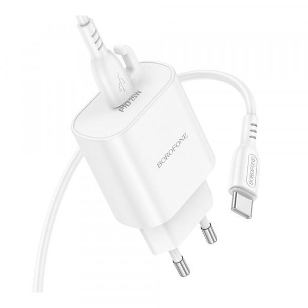 Мережевий зарядний пристрій Borofone BA82A, Cable Type-C to Type-C, PD 25W, QC 3.0, White