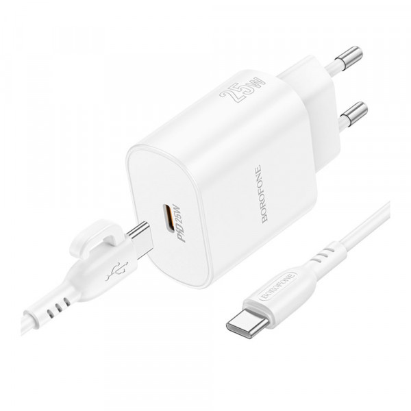 Мережевий зарядний пристрій Borofone BA82A, Cable Type-C to Type-C, PD 25W, QC 3.0, White
