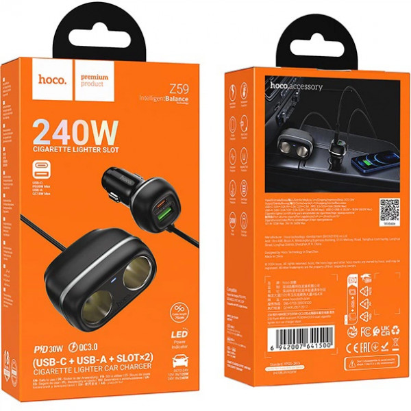 Автомобільний зарядний пристрій HOCO Z59 Rank 48W dual port PD30W+QC3.0 dual cigarette lighter slot car charger Black (6942007641500)