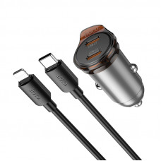 Автомобільний зарядний пристрій HOCO NZ16 Rigorous single port PD30W car charger set(C to iP) Metal Grey (6942007644723)