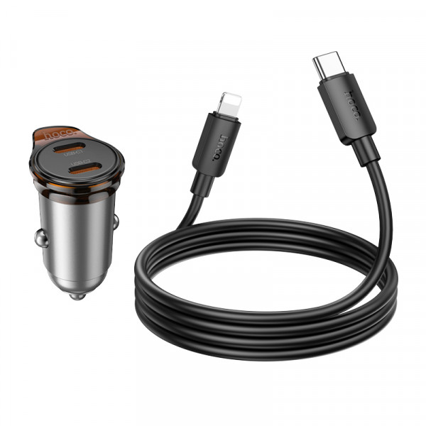 Автомобільний зарядний пристрій HOCO NZ16 Rigorous single port PD30W car charger set(C to iP) Metal Grey (6942007644723)
