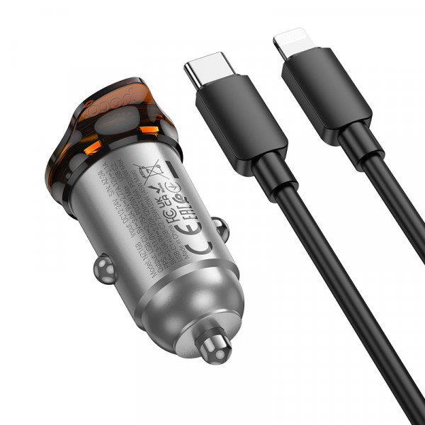 Автомобільний зарядний пристрій HOCO NZ16 Rigorous single port PD30W car charger set(C to iP) Metal Grey (6942007644723)