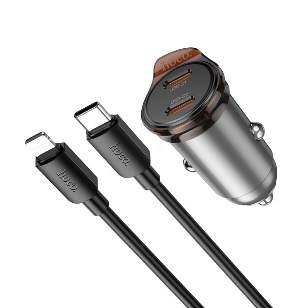 Автомобільний зарядний пристрій HOCO NZ16 Rigorous single port PD30W car charger set(C to iP) Metal Grey (6942007644723)