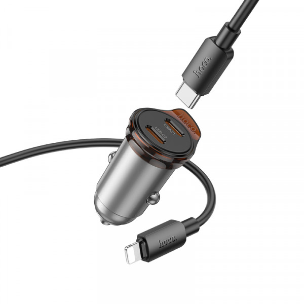 Автомобільний зарядний пристрій HOCO NZ16 Rigorous single port PD30W car charger set(C to iP) Metal Grey (6942007644723)