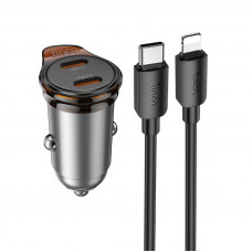 Автомобільний зарядний пристрій HOCO NZ16 Rigorous single port PD30W car charger set(C to iP) Metal Grey (6942007644723)
