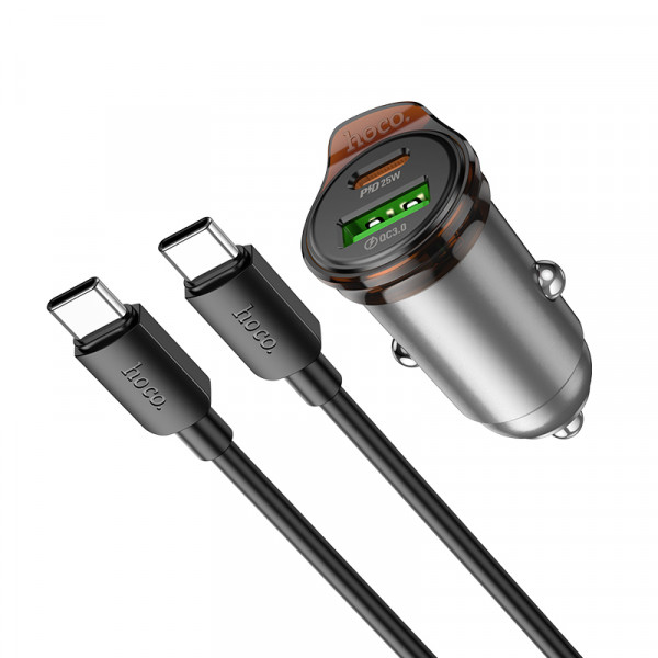 Автомобільний зарядний пристрій HOCO NZ16A Rigorous 43W dual port PD25W+QC3.0 car charger set(C to C) Metal Grey (6942007644761)