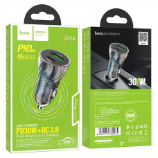 Автомобільний зарядний пристрій HOCO Z47A Transparent Discovery Edition dual port PD30W+QC3.0 car charger Transparent Black (6931474782274)