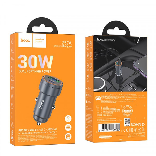 Автомобільний зарядний пристрій HOCO Z57A Glorious PD30W+QC3.0 car charger Metal Gray (6942007633109)