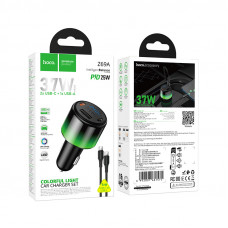 Автомобільний зарядний пристрій HOCO Z69A Vivido PD37W(2C1A) car charger with digital display set(C to C) Black (6942007681575)