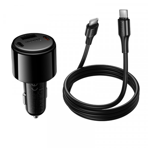 Автомобільний зарядний пристрій HOCO Z69A Vivido PD37W(2C1A) car charger with digital display set(C to C) Black (6942007681575)