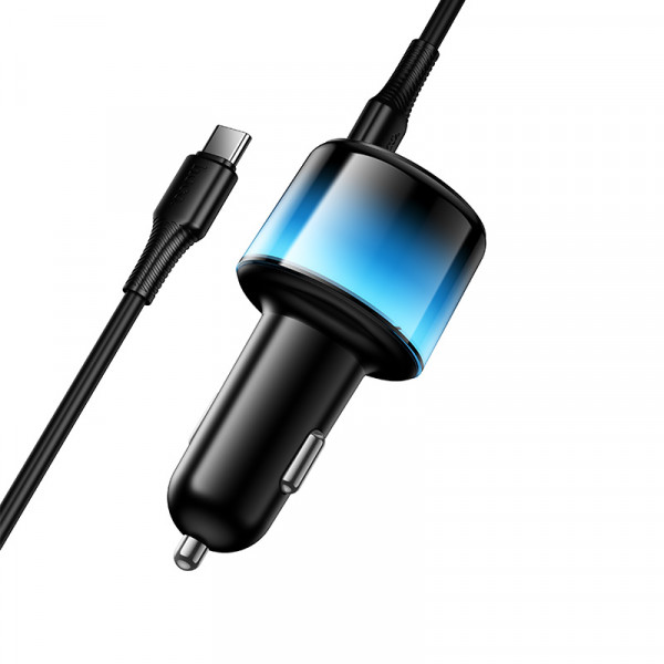 Автомобільний зарядний пристрій HOCO Z69A Vivido PD37W(2C1A) car charger with digital display set(C to C) Black (6942007681575)