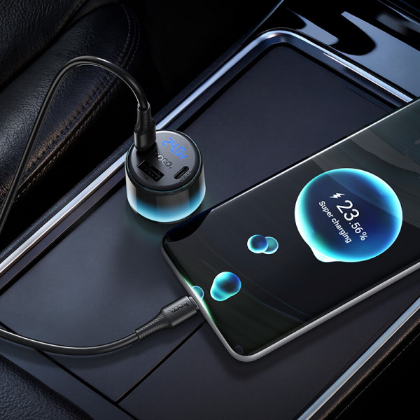Автомобільний зарядний пристрій HOCO Z69A Vivido PD37W(2C1A) car charger with digital display set(C to C) Black (6942007681575)