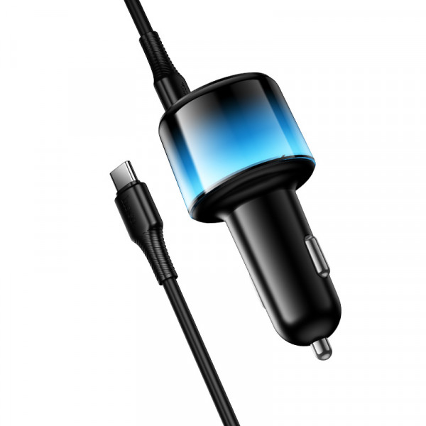 Автомобільний зарядний пристрій HOCO Z69A Vivido PD37W(2C1A) car charger with digital display set(C to C) Black (6942007681575)