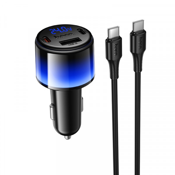 Автомобільний зарядний пристрій HOCO Z69A Vivido PD37W(2C1A) car charger with digital display set(C to C) Black (6942007681575)
