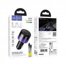 Автомобільний зарядний пристрій HOCO Z69B Vivido PD57W(2C1A) car charger with digital display set(C to C) Black (6942007681599)